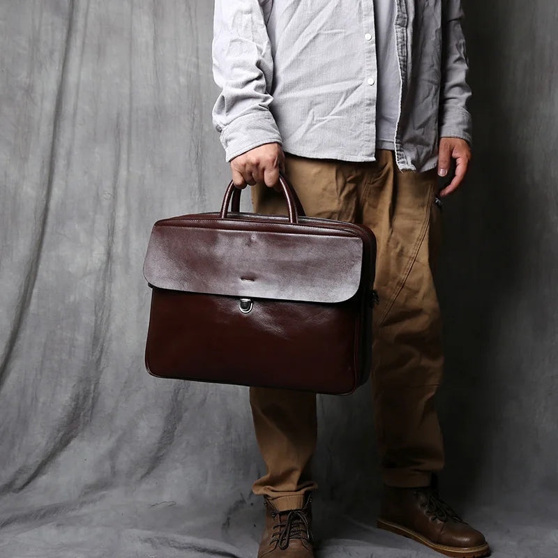 Vintage Genuine Leather Briefcase for Men - Large Capacity Cowhide Crossbody Computer Bag