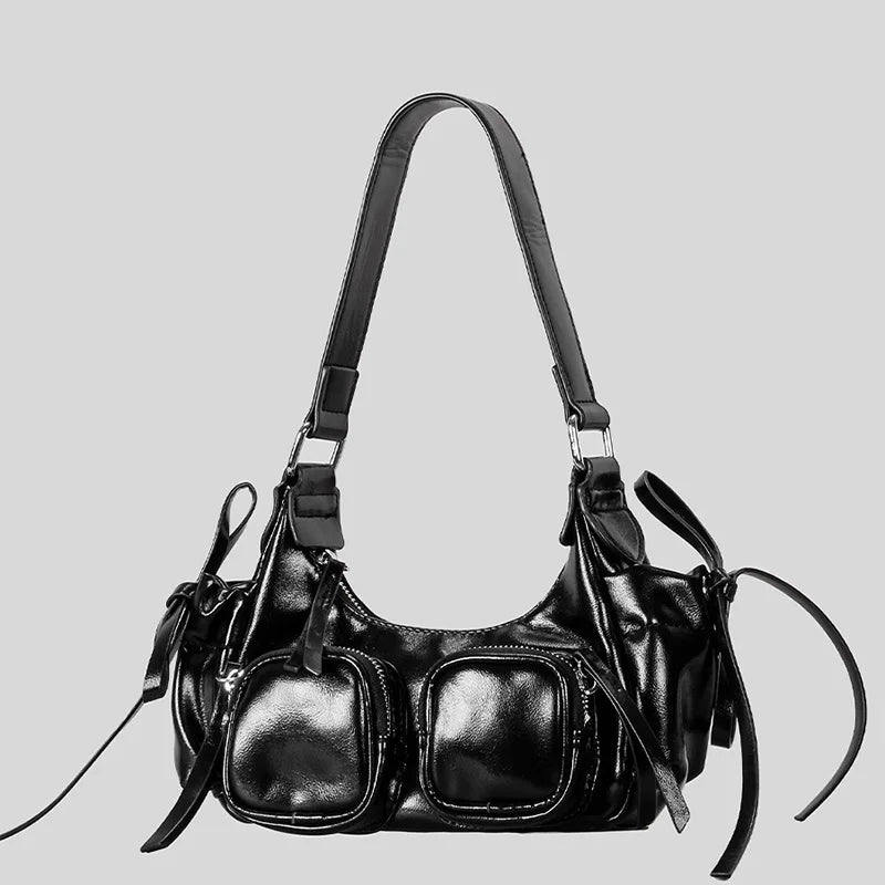 Vintage Leather Underarm Bag for Girls - Versatile Multi-Pocket Handbag with Spaghetti Strap for Motorcycle Rides