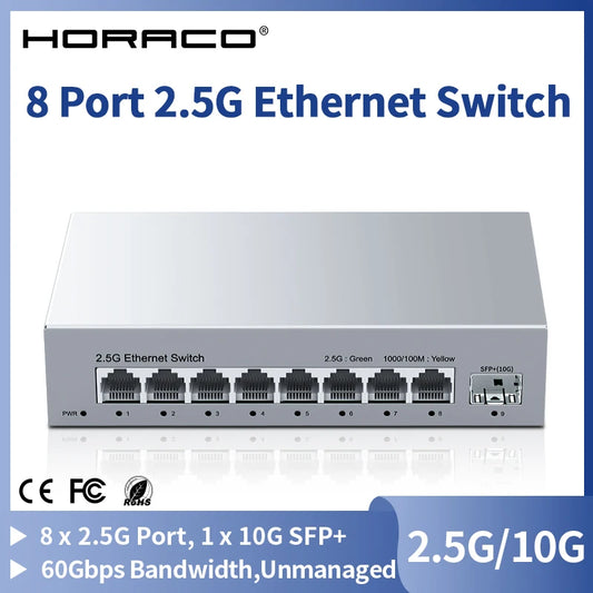 HORACO 8-Port 2.5GbE Ethernet Switch for Homelabs with 10G SFP+ Port - Plug and Play, Fanless Design