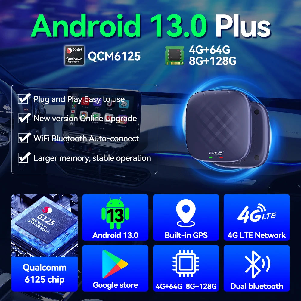 Android 13 CarlinKit AI TV Box for Wireless CarPlay & Android Auto - 8-Core, Split Screen, 64G/128G for Netflix & YouTube