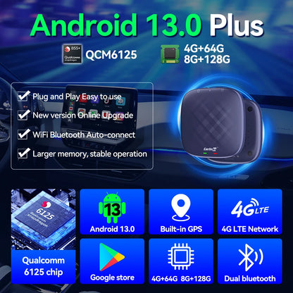 Android 13 CarlinKit AI TV Box for Wireless CarPlay & Android Auto - 8-Core, Split Screen, 64G/128G for Netflix & YouTube