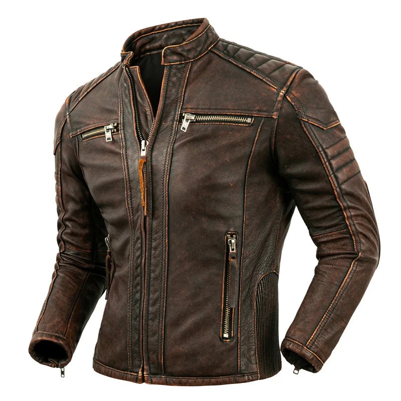 Men's Brown Calfskin Motorcycle Jacket - Retro Stand Collar Biker Gear in Natural Leather