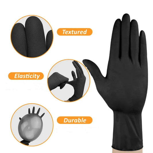 Black Nitrile Disposable Gloves for Mechanics, Tattoo Artists, Home Cleaning - Latex Free, Textured, 10/20/50/100PCS