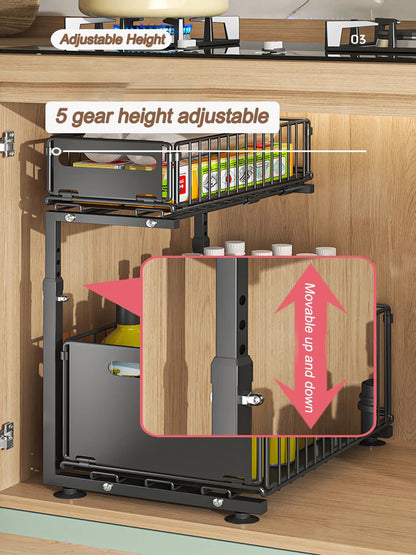 Pull-Out Under Sink Organizer for Kitchen & Bathroom - 2-Tier Adjustable Sliding Shelf in Black & White