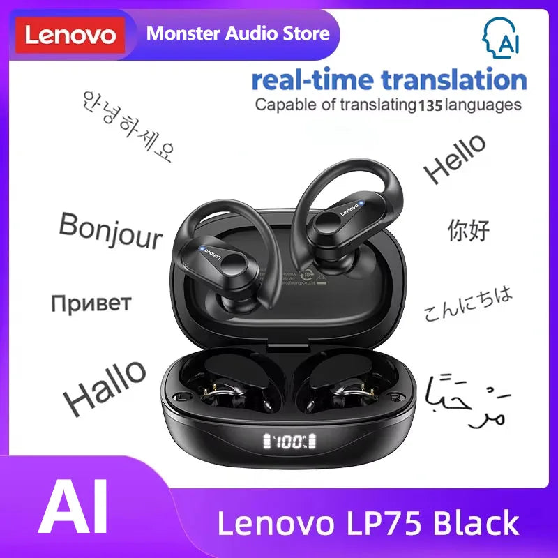 Lenovo LP75 TWS Bluetooth 5.3 Headphones - Waterproof Noise-Cancelling Earbuds with LED Display for Music Lovers