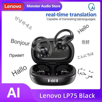 Lenovo LP75 TWS Bluetooth 5.3 Headphones - Waterproof Noise-Cancelling Earbuds with LED Display for Music Lovers
