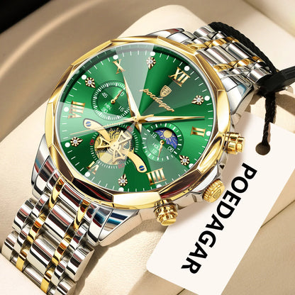 Luxury Men's Waterproof Chronograph Watch - POEDAGAR Stainless Steel Luminous Quartz Wristwatch for Confident Men