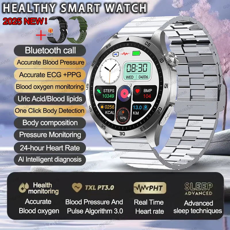 2025 Smartwatch for Men - ECG, PPG, Blood Pressure, Uric Acid & Lipid Monitoring with Bluetooth Call Function