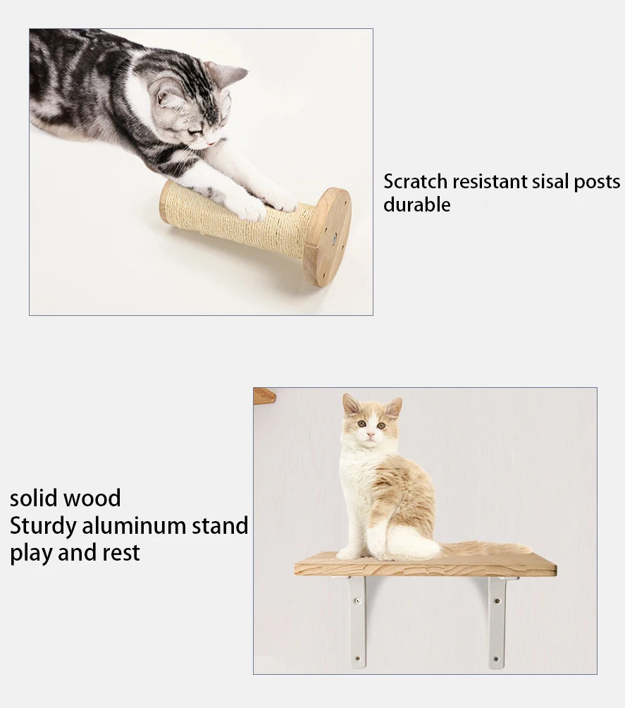 Wall-Mounted Cat Tree with Scratching Post, Jumping Platform, and Hammock for Cats