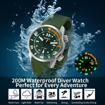BERNY Men's 20Bar Diver Mechanical Watch - Miyota 8215, Luminous Sapphire, Automatic Silicone Wristwatch for Swimming