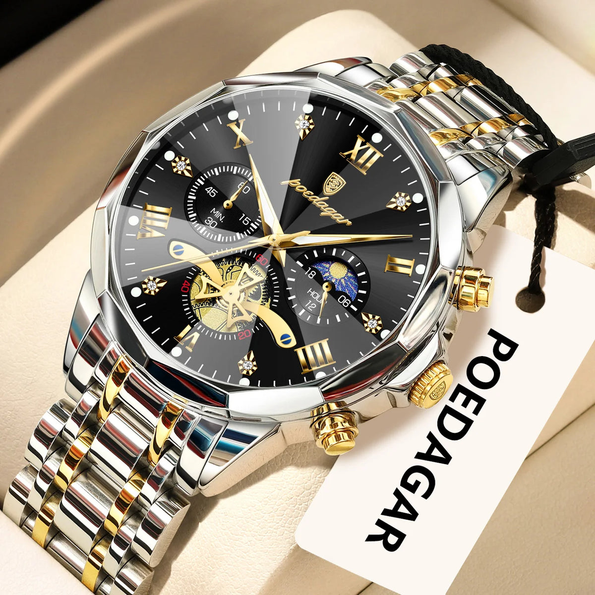 Luxury Men's Waterproof Chronograph Watch - POEDAGAR Stainless Steel Luminous Quartz Wristwatch for Confident Men