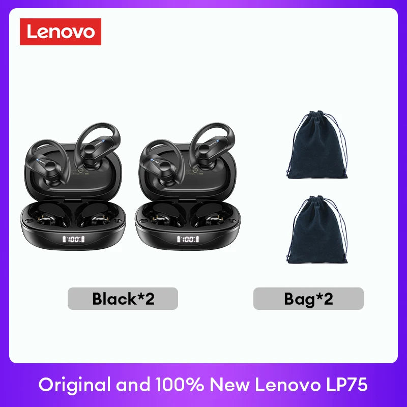 Lenovo LP75 TWS Bluetooth Headphones for Active Lifestyle - Wireless, Noise-Canceling, Waterproof with LED Display