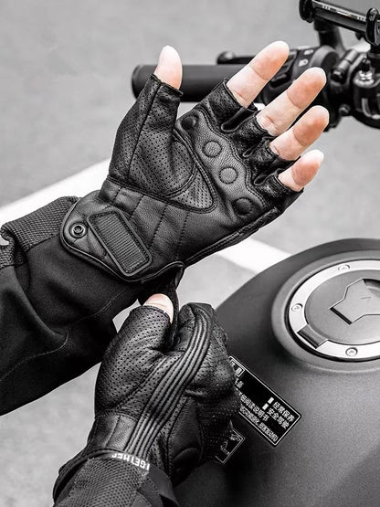 Summer Goatskin Leather Fingerless Motorcycle Gloves for Riders | Lightweight Motocross Half-Finger Gant