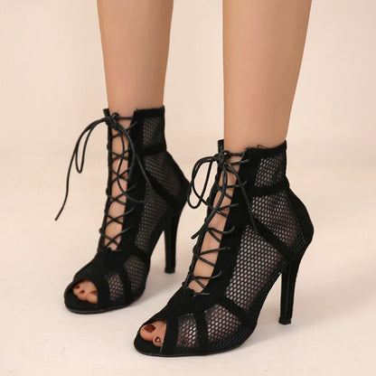 Sexy Black Mesh High Heels for Women – Summer Cross-tied Peep Toe Sandals with Ankle Strap for Dance & Parties
