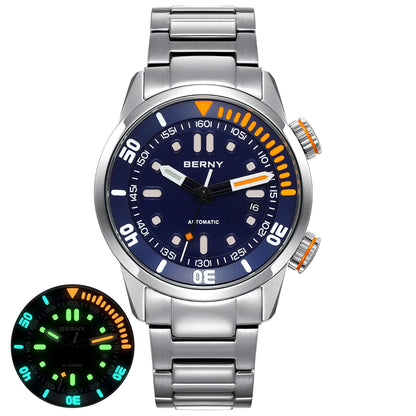 BERNY Men's 20Bar Diver Mechanical Watch - Miyota 8215, Luminous Sapphire, Automatic Silicone Wristwatch for Swimming
