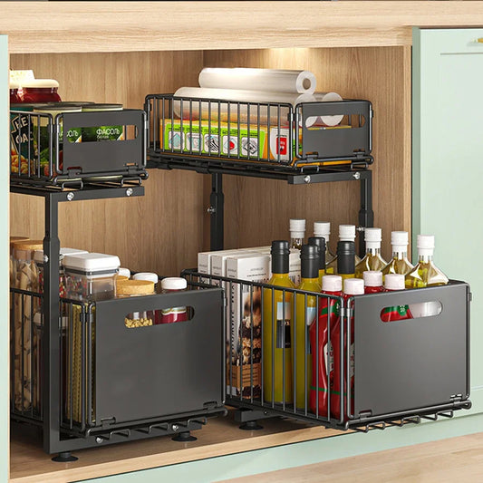Pull-Out Under Sink Organizer for Kitchen & Bathroom - 2-Tier Adjustable Sliding Shelf in Black & White