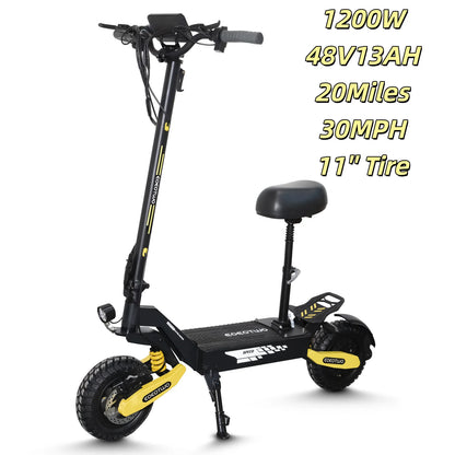EOEOTWO 1200W Off-Road Electric Scooter for Adults - 30MPH, 48V, 11" Tubeless Tires, Foldable & Long Range
