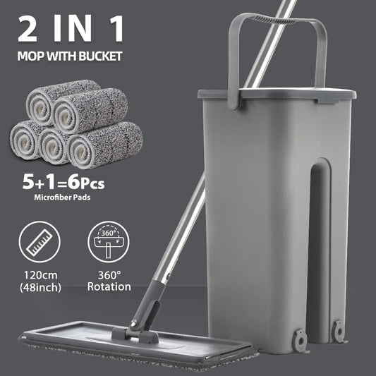Hands-Free Microfiber Flat Floor Mop and Bucket Set for Efficient Hardwood Cleaning at Home
