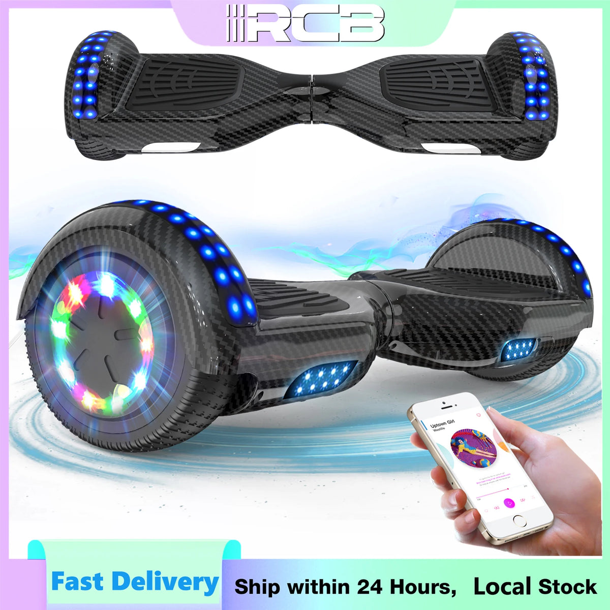 RCB 6.5 Inch Bluetooth Hoverboard with LED Lights - Fun Ride for Kids and Adults