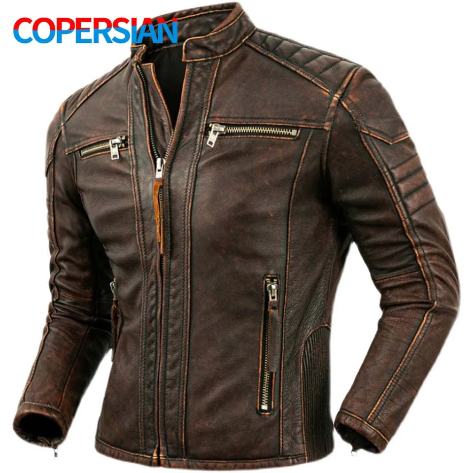 Men's Brown Calfskin Motorcycle Jacket - Retro Stand Collar Biker Gear in Natural Leather