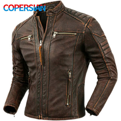 Men's Brown Calfskin Motorcycle Jacket - Retro Stand Collar Biker Gear in Natural Leather