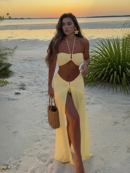 Halter Neck 3 Piece Bikini Set & Sheer Maxi Skirt for Summer Beach Vacations & Pool Parties