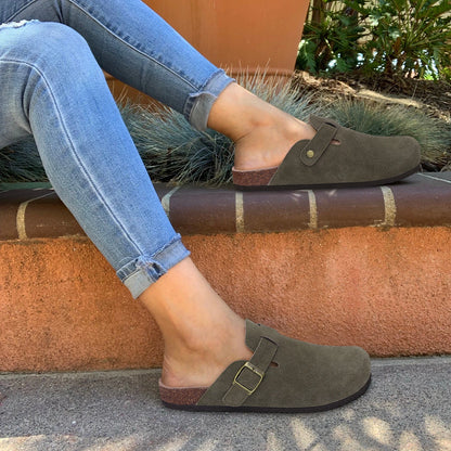 Comwarm Women's Suede Mules Slippers - Arch Support Clogs with Cork Insole for Beach, Outdoor, & Home Use