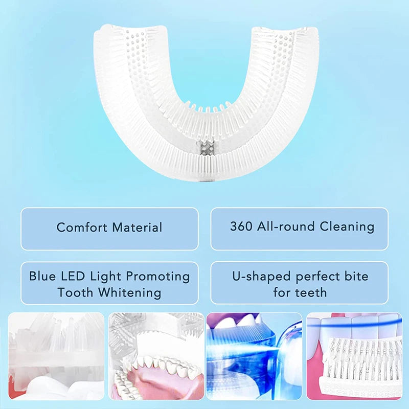 Wireless Charging Ultrasonic Toothbrush for Adults - U-Shaped Silicone Waterproof Sonic Vibration Technology