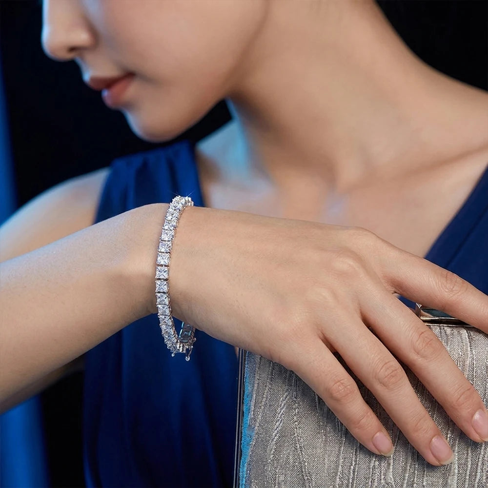 KNOBSPIN Princess Cut Moissanite Bracelet - 18k White Gold Plated, GRA Certified, S925 Sterling Silver Wedding Jewelry for Women