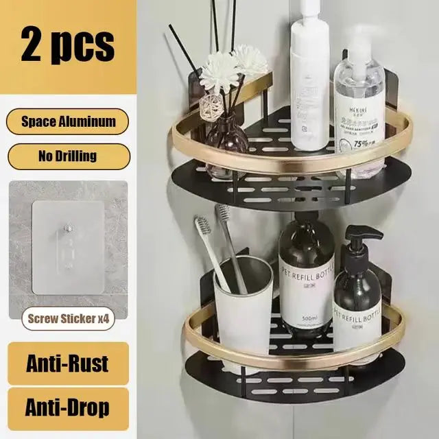 Wall-Mounted Aluminum Bathroom Shelf for Shampoo & Toiletries – No Drill Corner Rack for Showers & Kitchens