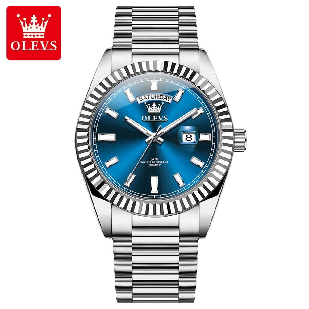 OLEVS Men's Waterproof Rose Gold Stainless Steel Watch with Day-Date Quartz Movement