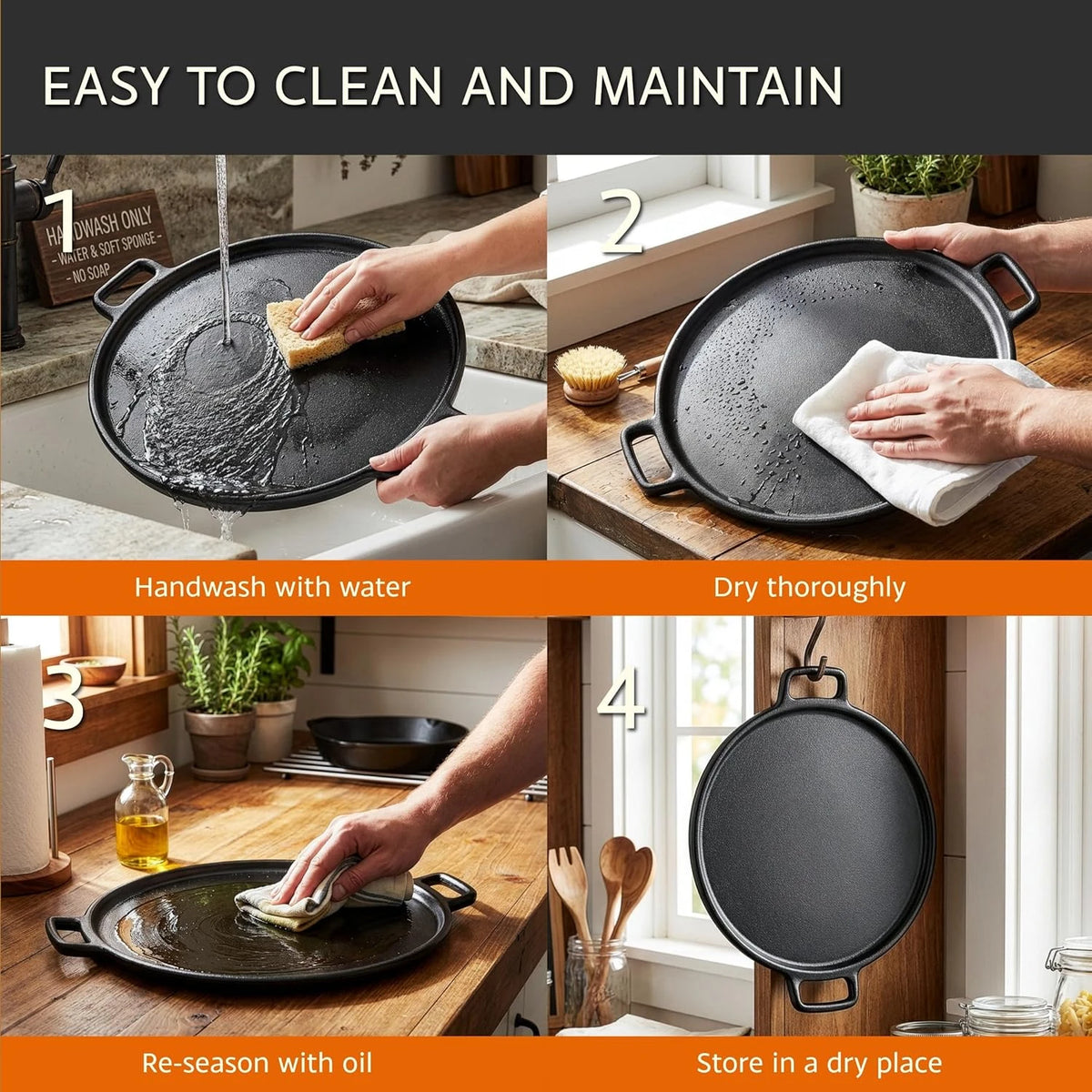 Cast Iron Skillet for Perfect Pizza, Eggs, Pancakes & Veggies - Non-Stick BBQ Frying Pan for Outdoor Cooking