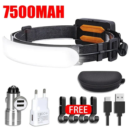 1500LM USB Rechargeable LED Headlamp for Fishing & Camping - 7500mAh Battery, Powerful COB Flashlight