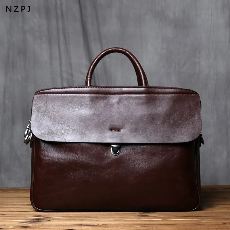 Vintage Genuine Leather Briefcase for Men - Large Capacity Cowhide Crossbody Computer Bag