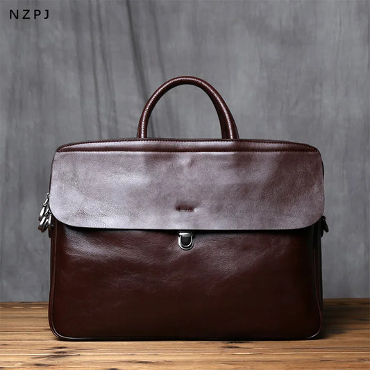Vintage Genuine Leather Briefcase for Men - Large Capacity Cowhide Crossbody Computer Bag
