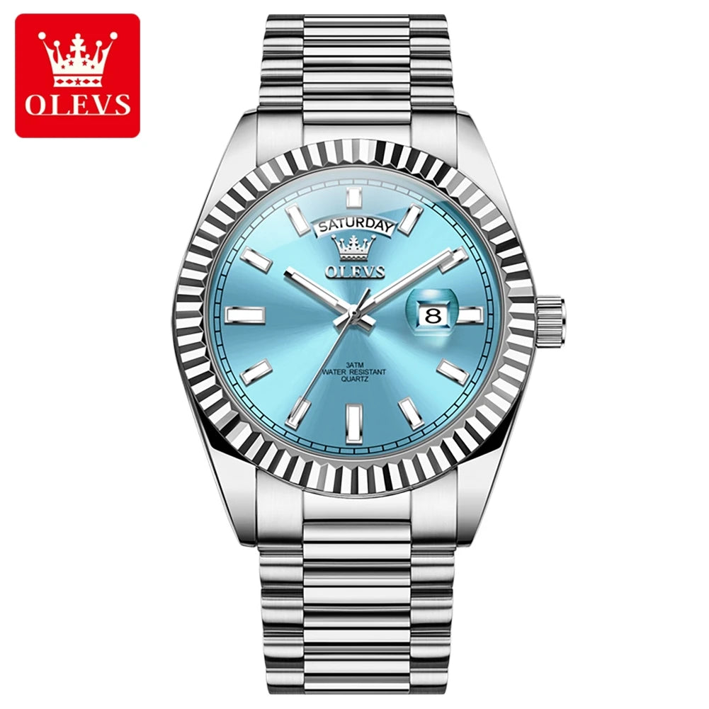 OLEVS Men's Waterproof Rose Gold Stainless Steel Watch with Day-Date Quartz Movement