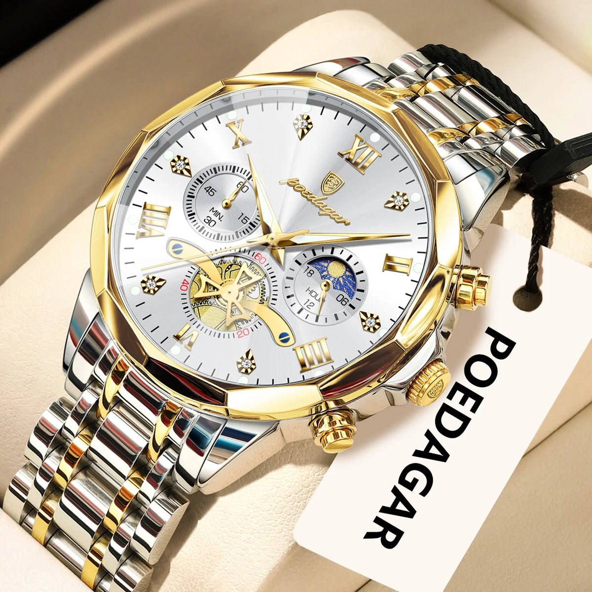 Luxury Men's Waterproof Chronograph Watch - POEDAGAR Stainless Steel Luminous Quartz Wristwatch for Confident Men