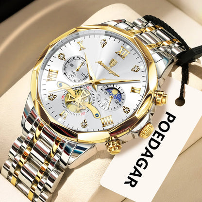 Luxury Men's Waterproof Chronograph Watch - POEDAGAR Stainless Steel Luminous Quartz Wristwatch for Confident Men