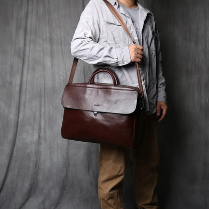 Vintage Genuine Leather Briefcase for Men - Large Capacity Cowhide Crossbody Computer Bag