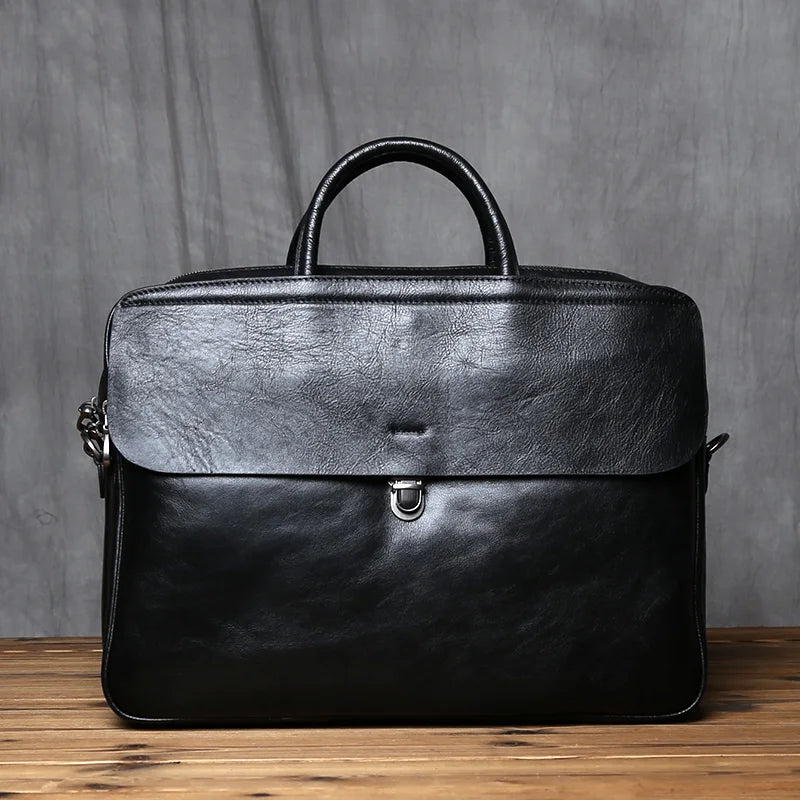 Vintage Genuine Leather Briefcase for Men - Large Capacity Cowhide Crossbody Computer Bag