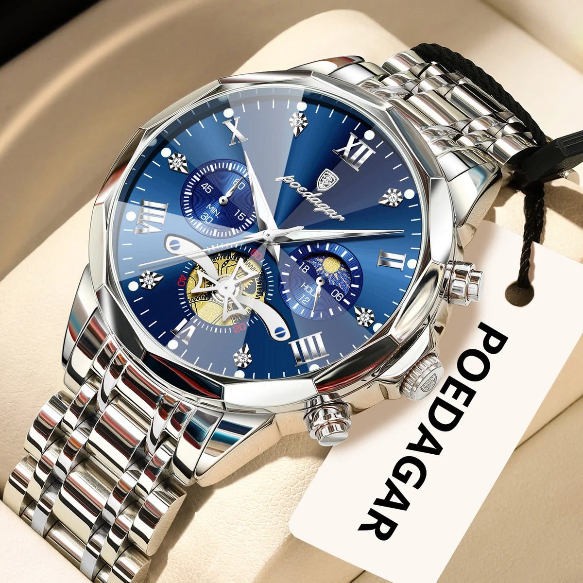 Luxury Men's Waterproof Chronograph Watch - POEDAGAR Stainless Steel Luminous Quartz Wristwatch for Confident Men