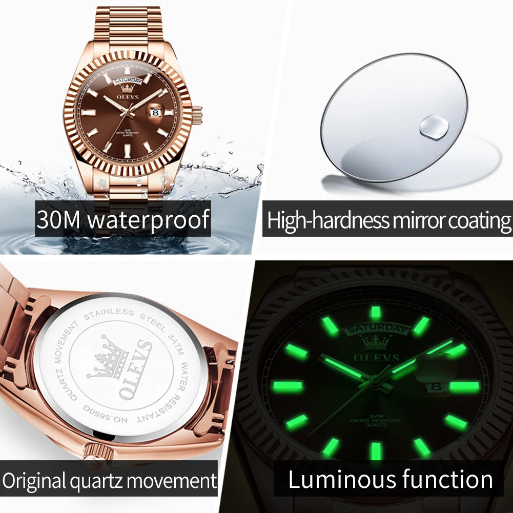 OLEVS Men's Waterproof Rose Gold Stainless Steel Watch with Day-Date Quartz Movement