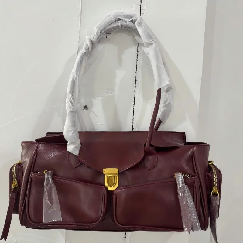 Vintage Leather Underarm Bag for Girls - Versatile Multi-Pocket Handbag with Spaghetti Strap for Motorcycle Rides