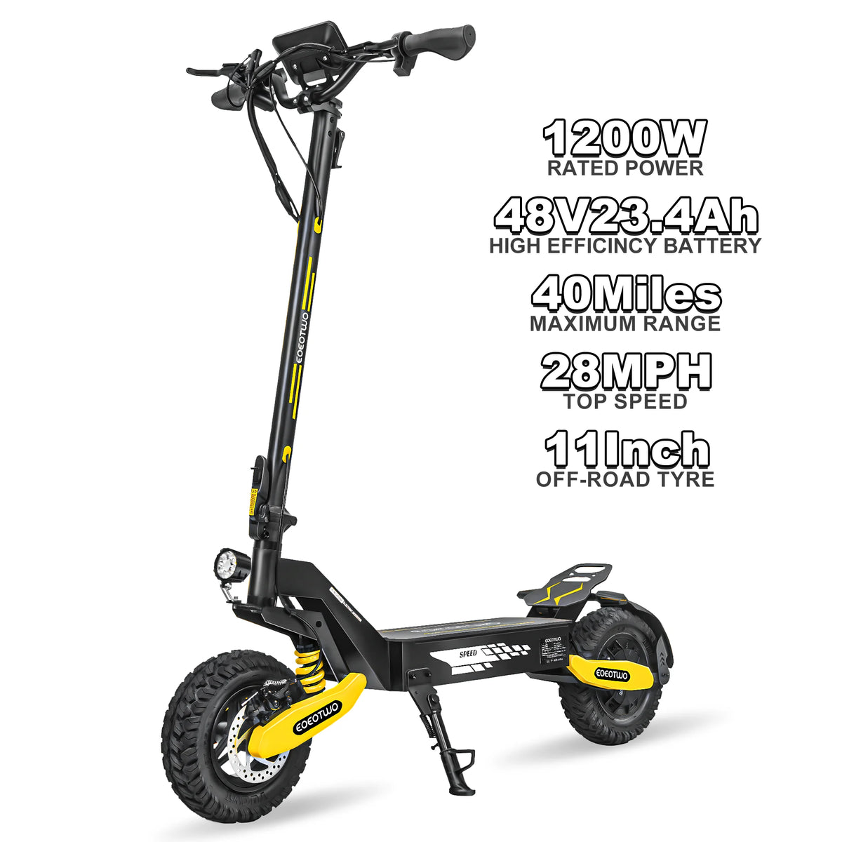 EOEOTWO 1200W Off-Road Electric Scooter for Adults - 30MPH, 48V, 11" Tubeless Tires, Foldable & Long Range