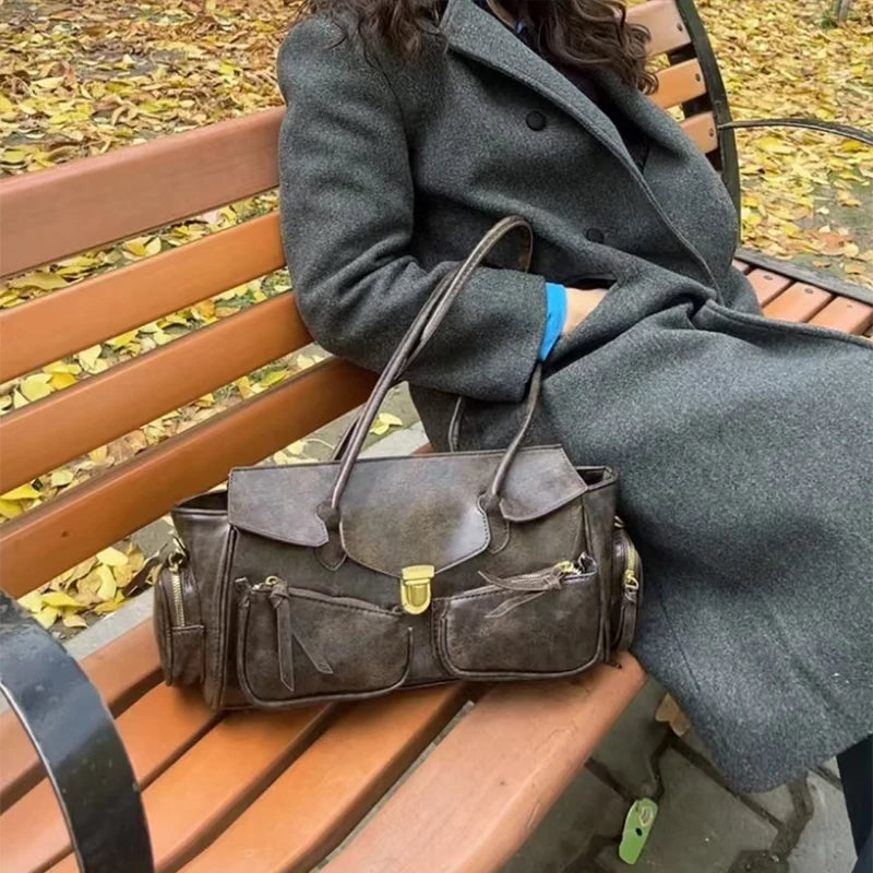 Vintage Leather Underarm Bag for Girls - Versatile Multi-Pocket Handbag with Spaghetti Strap for Motorcycle Rides