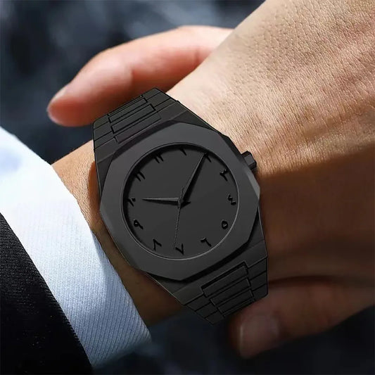 Stylish Men's Quartz Watch - Simple Black Design with Arabic Digits & Drip Oil Strap for Casual Wear