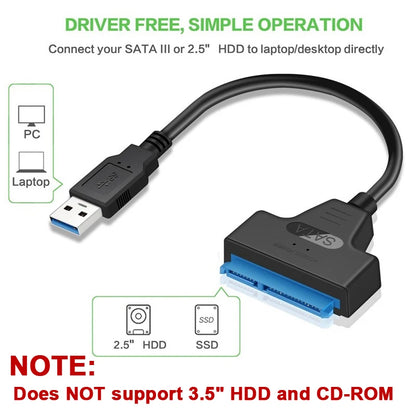 SATA to USB 3.0 Cable for 2.5" External HDD/SSD - 6 Gbps Transfer Speed, 22 Pin Adapter
