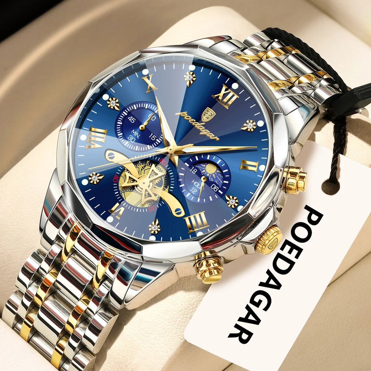 Luxury Men's Waterproof Chronograph Watch - POEDAGAR Stainless Steel Luminous Quartz Wristwatch for Confident Men