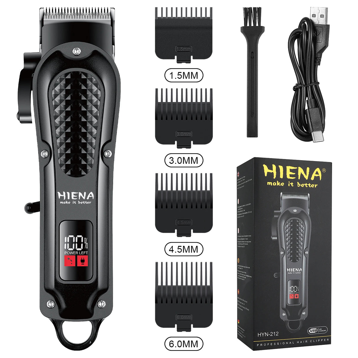 Hiena Hair Clipper Set - Cordless Metal Hair Trimmer with LCD Display for Professionals