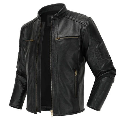 Men's Brown Calfskin Motorcycle Jacket - Retro Stand Collar Biker Gear in Natural Leather